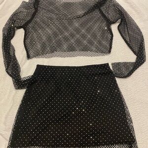 Black Mesh Skirt/Shirt Set with Rhinestones